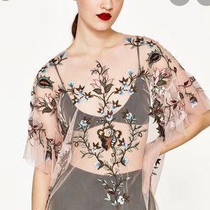Zara | Sheer tulle mesh blouse with embroidery XS